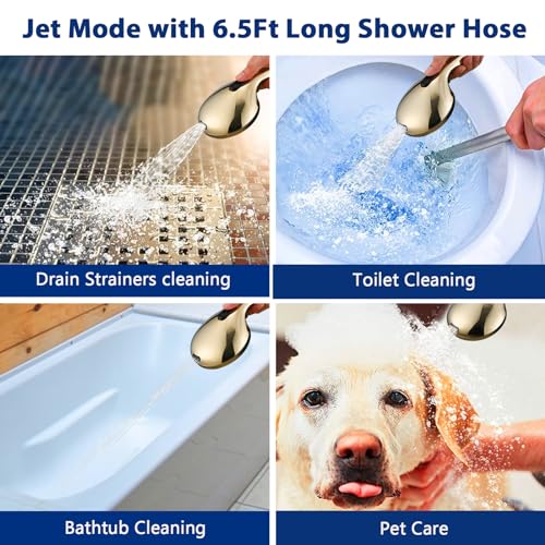 YASINU High Pressure 10 Setting Handheld Shower Head, 5" Detachable Showerhead Spray Built-in Power Wash to Clean Tub, Tile & Pets, 79" Extra Long Stainless Steel Hose, Adjustable Bracket - Gold - Image 5