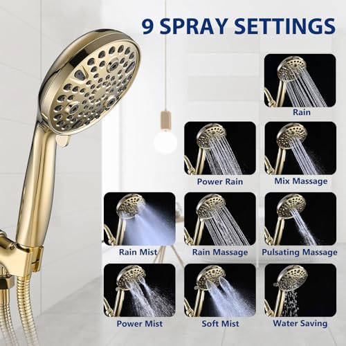 YASINU High Pressure 10 Setting Handheld Shower Head, 5" Detachable Showerhead Spray Built-in Power Wash to Clean Tub, Tile & Pets, 79" Extra Long Stainless Steel Hose, Adjustable Bracket - Gold - Image 3