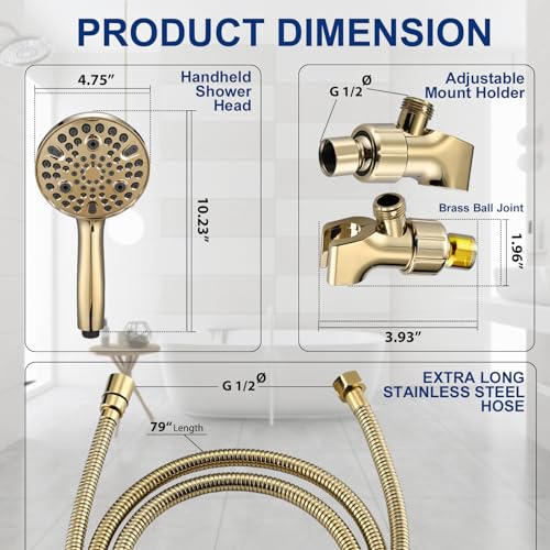 YASINU High Pressure 10 Setting Handheld Shower Head, 5" Detachable Showerhead Spray Built-in Power Wash to Clean Tub, Tile & Pets, 79" Extra Long Stainless Steel Hose, Adjustable Bracket - Gold - Image 4