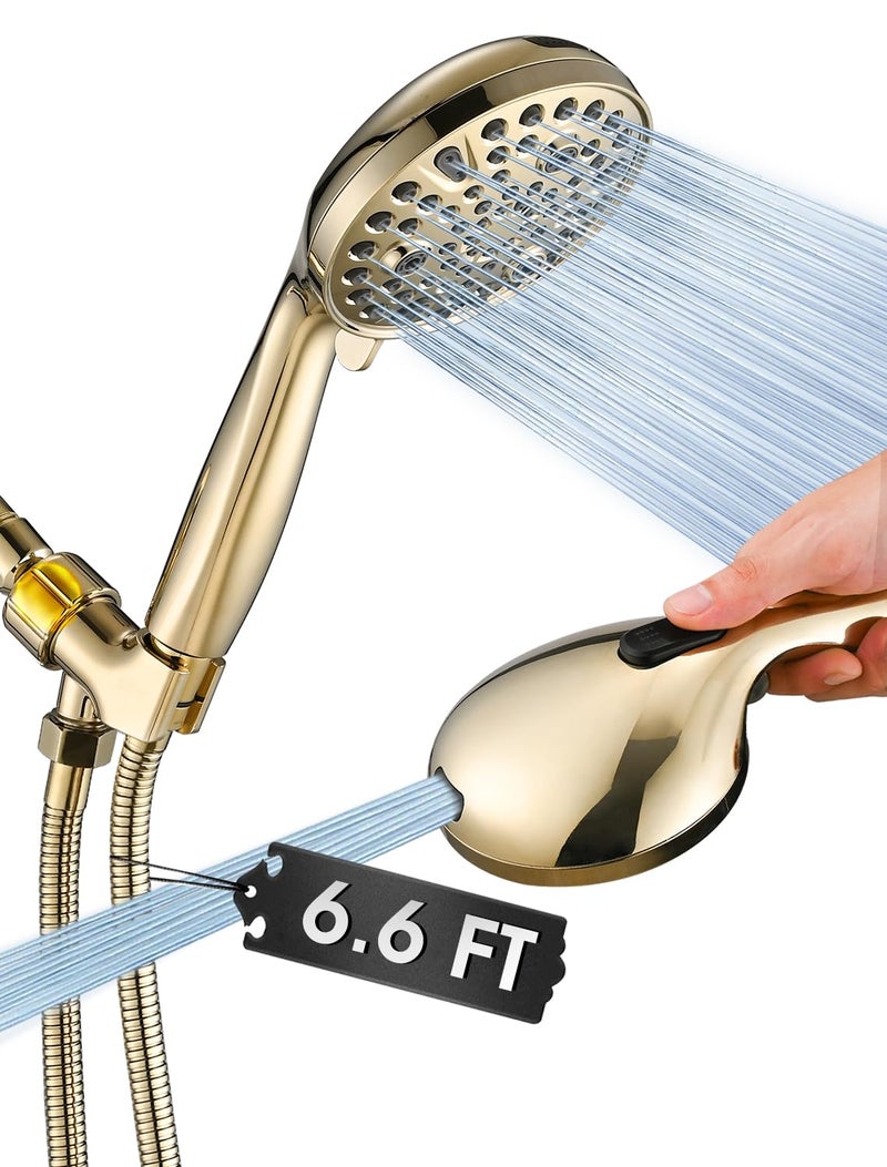 YASINU High Pressure 10 Setting Handheld Shower Head, 5" Detachable Showerhead Spray Built-in Power Wash to Clean Tub, Tile & Pets, 79" Extra Long Stainless Steel Hose, Adjustable Bracket - Gold - Image 1