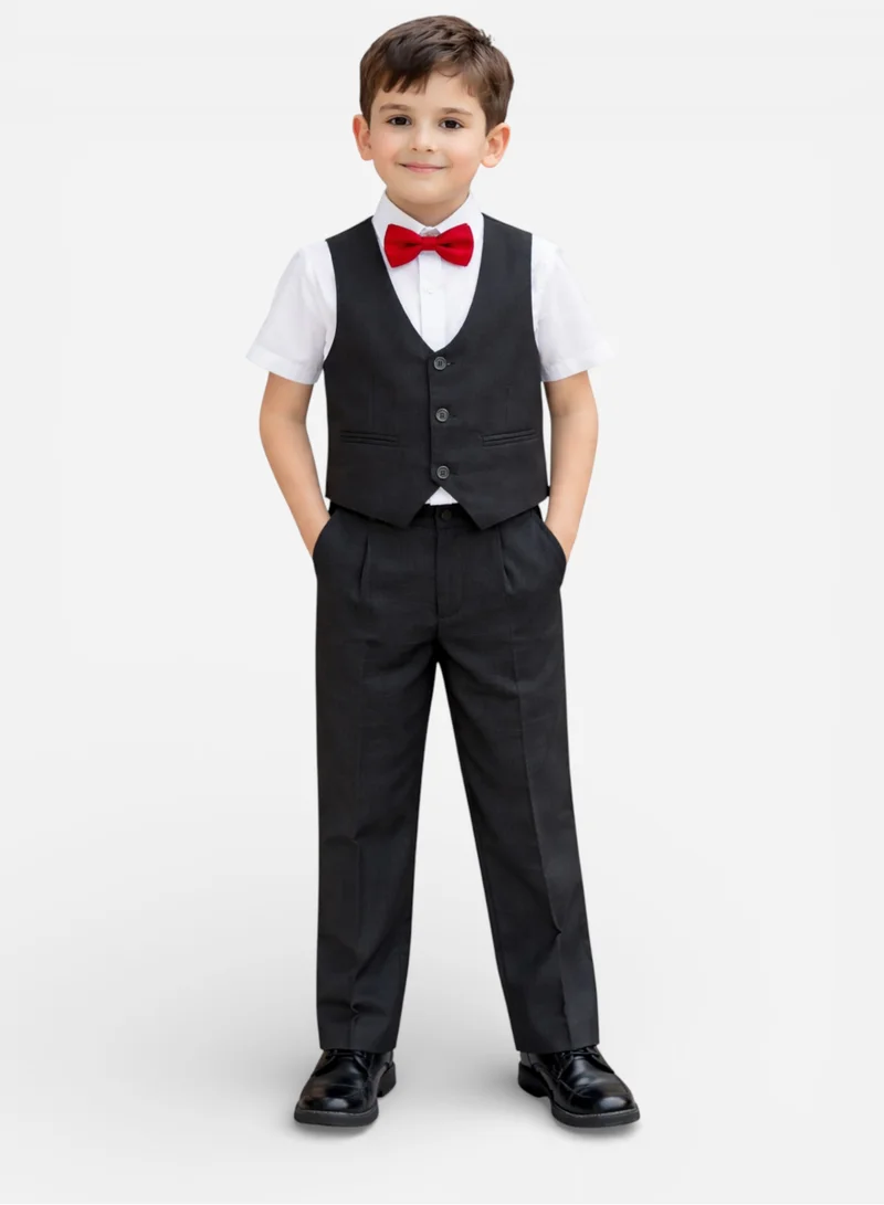 Victor And Jane Black Waistcoat, Shirt, Trousers & Red Bow Tie Set