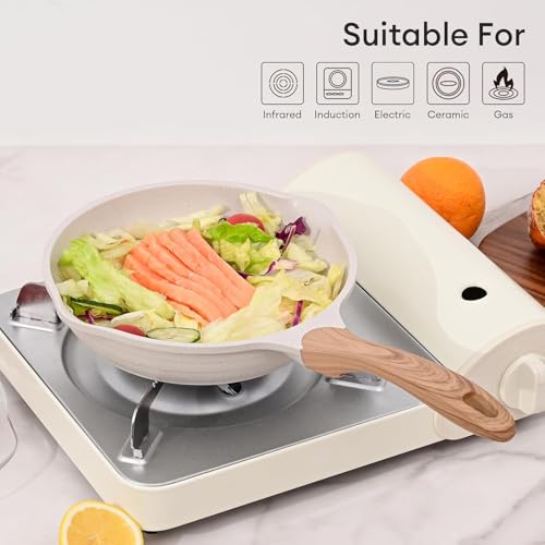 R RUNILEX Non-Stick Frying Pan with Wooden Finish Soft Touch Handle, 2.5mm Thickness, Consumes Less Oil, Even Heat Distribution, Induction Bottom and Gas Ready (White, 24cm) - Image 3