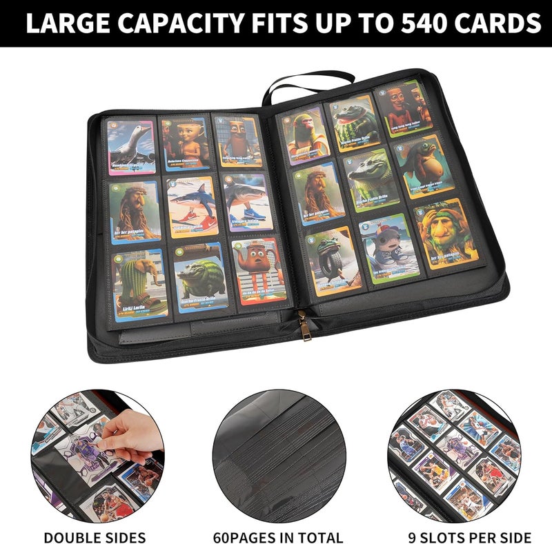 WONDERPOOL 9-Pocket Trading Cards Folder with Zipper for 540 Cards Leather PU Card Holder Folders Storage Albums 30 Side Loader Pages for MTG TCG Game Slim Sports Cards Collectible (Grey) - Image 3