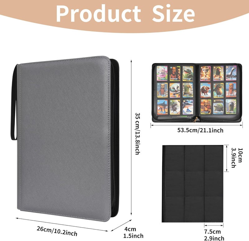 WONDERPOOL 9-Pocket Trading Cards Folder with Zipper for 540 Cards Leather PU Card Holder Folders Storage Albums 30 Side Loader Pages for MTG TCG Game Slim Sports Cards Collectible (Grey) - Image 2