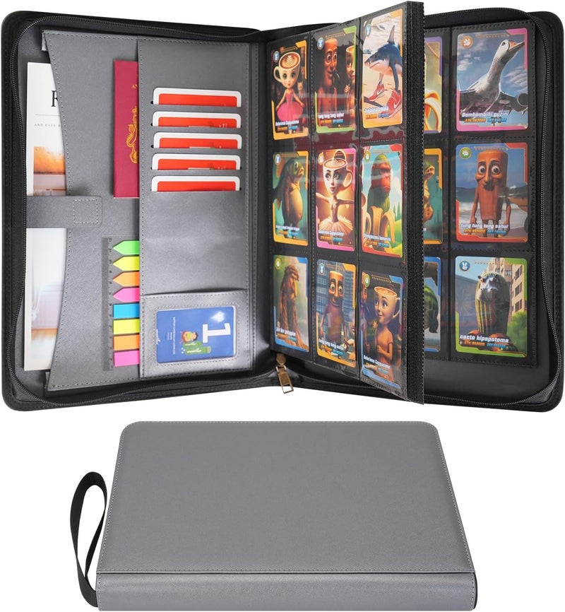 WONDERPOOL 9-Pocket Trading Cards Folder with Zipper for 540 Cards Leather PU Card Holder Folders Storage Albums 30 Side Loader Pages for MTG TCG Game Slim Sports Cards Collectible (Grey) - Image 1