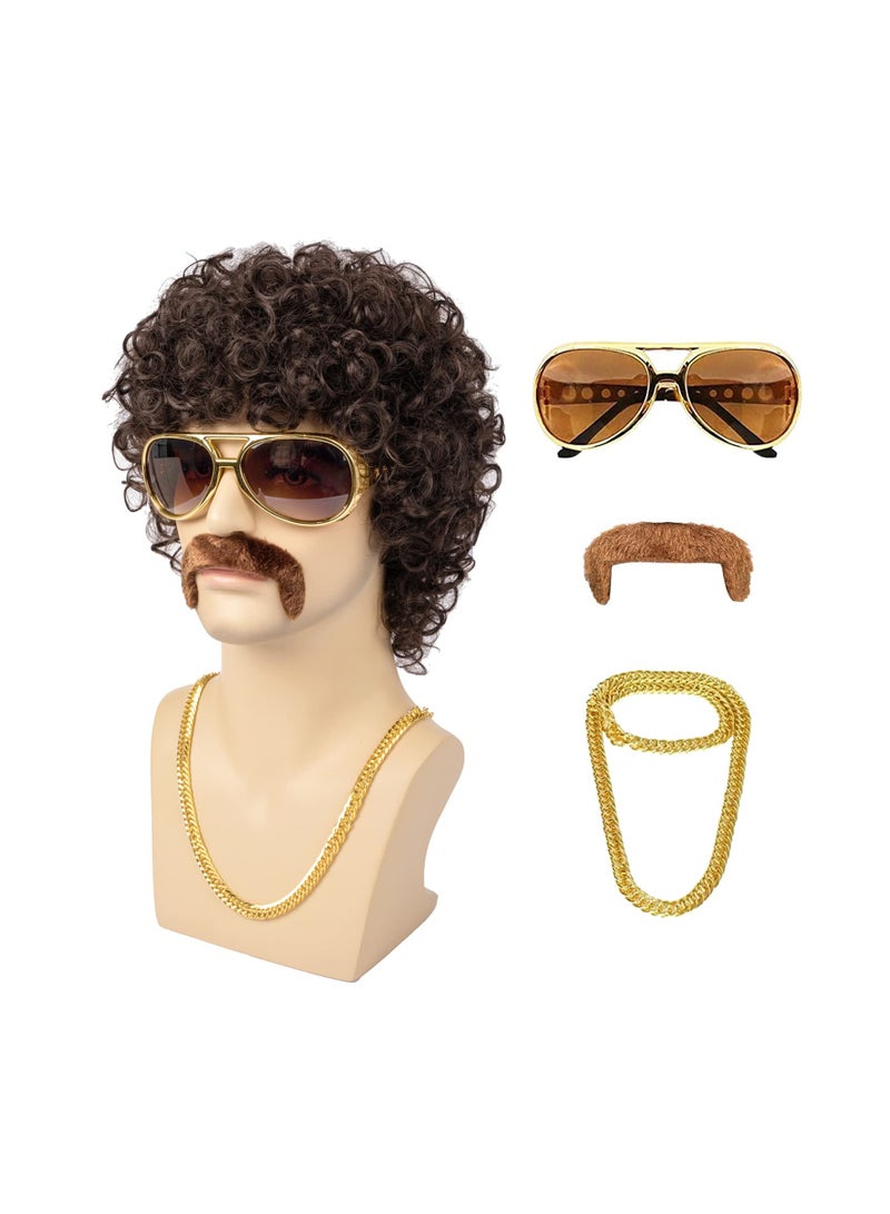 Excefore Men Wigs Short Brown Curly Afro Wig for Men 70s Disco Costume Wig With Glasses Necklace Mustache and Wig Cap Natural Fluffy Synthetic hair Wig for Chrismas Cosplay Party  - Image 1