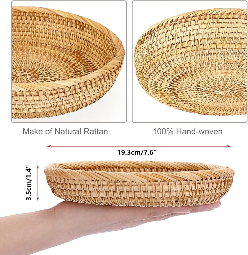 YOOJ ® Round Woven Wicker Basket, 7.6" Rattan Key Basket Bowl, Natural Rattan Serving Tray for Snacks Fruit Candy Bread, Handmade Organizer Basket for Kitchen Bedside Living Room (Small-7.6in) - Image 4