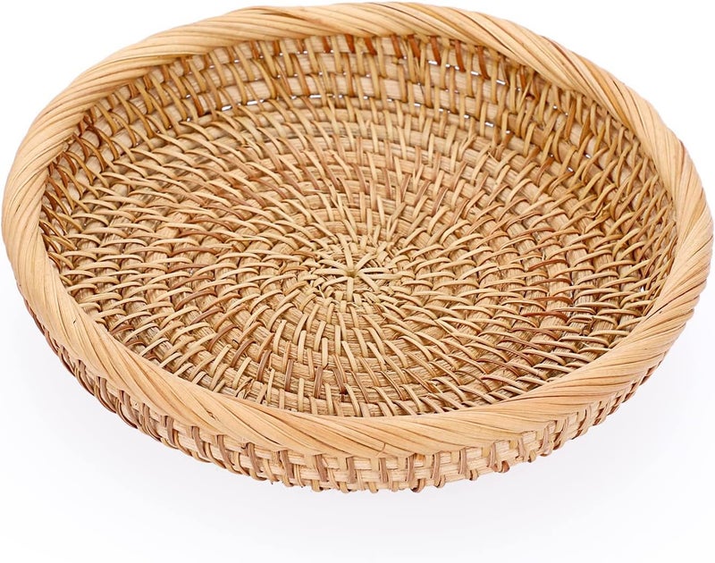 YOOJ ® Round Woven Wicker Basket, 7.6" Rattan Key Basket Bowl, Natural Rattan Serving Tray for Snacks Fruit Candy Bread, Handmade Organizer Basket for Kitchen Bedside Living Room (Small-7.6in) - Image 1