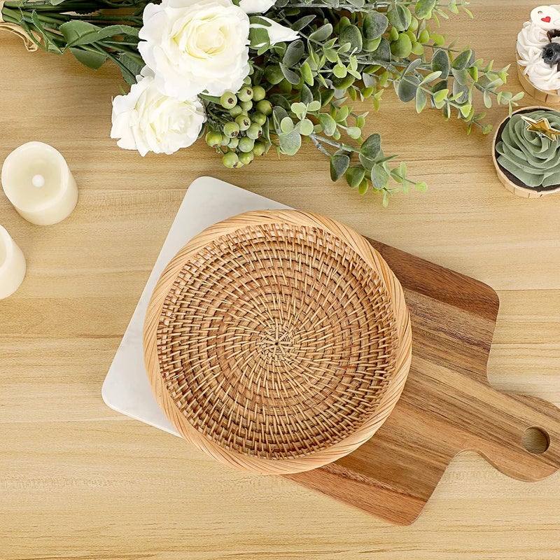 YOOJ ® Round Woven Wicker Basket, 7.6" Rattan Key Basket Bowl, Natural Rattan Serving Tray for Snacks Fruit Candy Bread, Handmade Organizer Basket for Kitchen Bedside Living Room (Small-7.6in) - Image 3