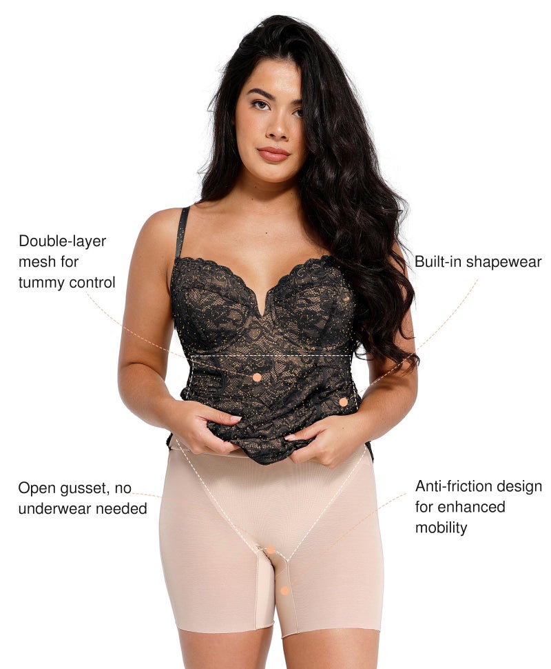 Popilush Formal Wedding Guest Dress - Women's Shapewear Lace Corset Dress Deep V Neck Sleeveless Cocktail Bodycon Midi Dress Black - Image 3