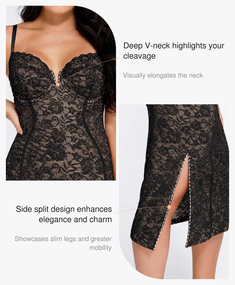 Popilush Formal Wedding Guest Dress - Women's Shapewear Lace Corset Dress Deep V Neck Sleeveless Cocktail Bodycon Midi Dress Black - Image 4
