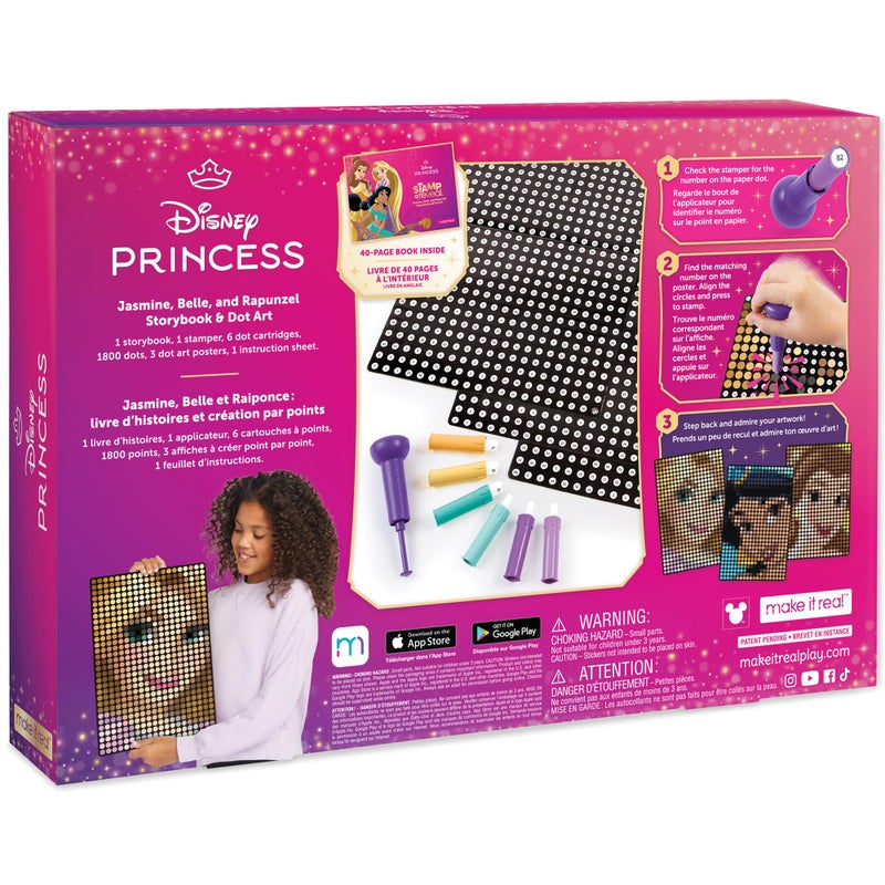 Make It Real Disney Princess Dot Art Set - Jasmine, Belle, Rapunzel | Interactive Craft Kit with Stamper & 1800 Dots for Ages 6+ | Creative Art for Kids - Image 2