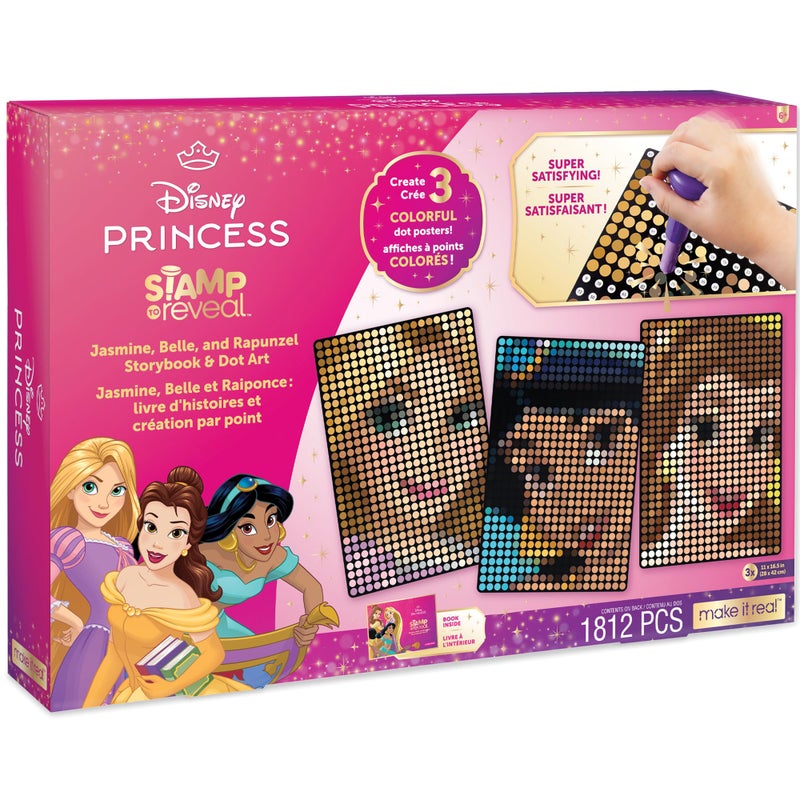 Make It Real Disney Princess Dot Art Set - Jasmine, Belle, Rapunzel | Interactive Craft Kit with Stamper & 1800 Dots for Ages 6+ | Creative Art for Kids - Image 1