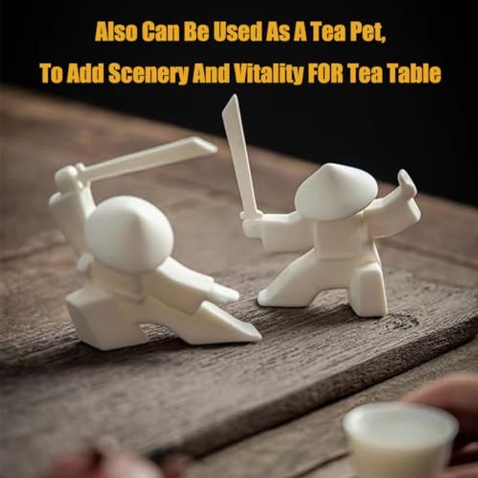 LYART Tea Pet Warrior Statue Figurine Tea Ornament Accessories Cute Kung Fu Tea Ceramic Sculpture Decoration Gift for Tearoom Home Office Children's Day Gift for Tea Lover (White a+b+c) - Image 3