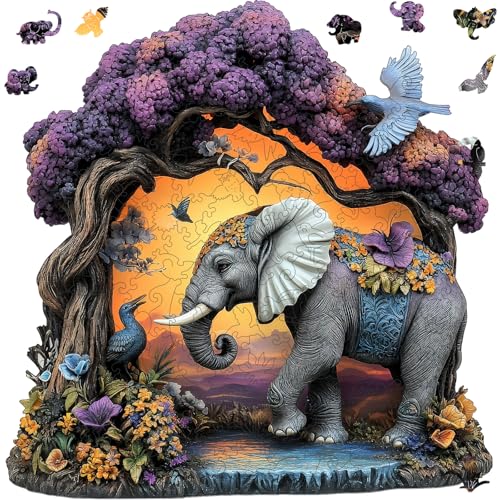 Mys Aurora Wooden Puzzles for Adults Elephant Jigsaw Puzzles 200 Pieces Unique Shaped Puzzle for Adults and Kids Birthday Gift Family Game 11 x 112 Inch - Image 1