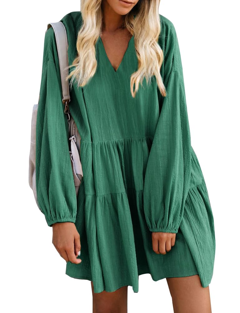 FANCYINN Women Shift Tunic Ruffle Dress Long Lantern Sleeves Babydoll V Neck Swing Mini Dark Green Cocktail St Patricks Day Dress S - Image 4