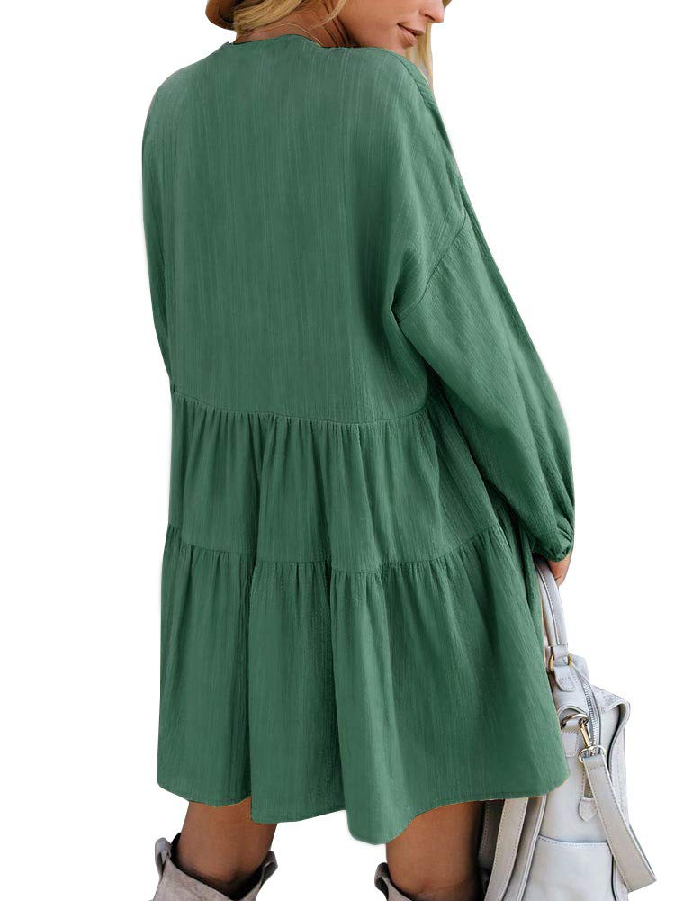 FANCYINN Women Shift Tunic Ruffle Dress Long Lantern Sleeves Babydoll V Neck Swing Mini Dark Green Cocktail St Patricks Day Dress S - Image 2