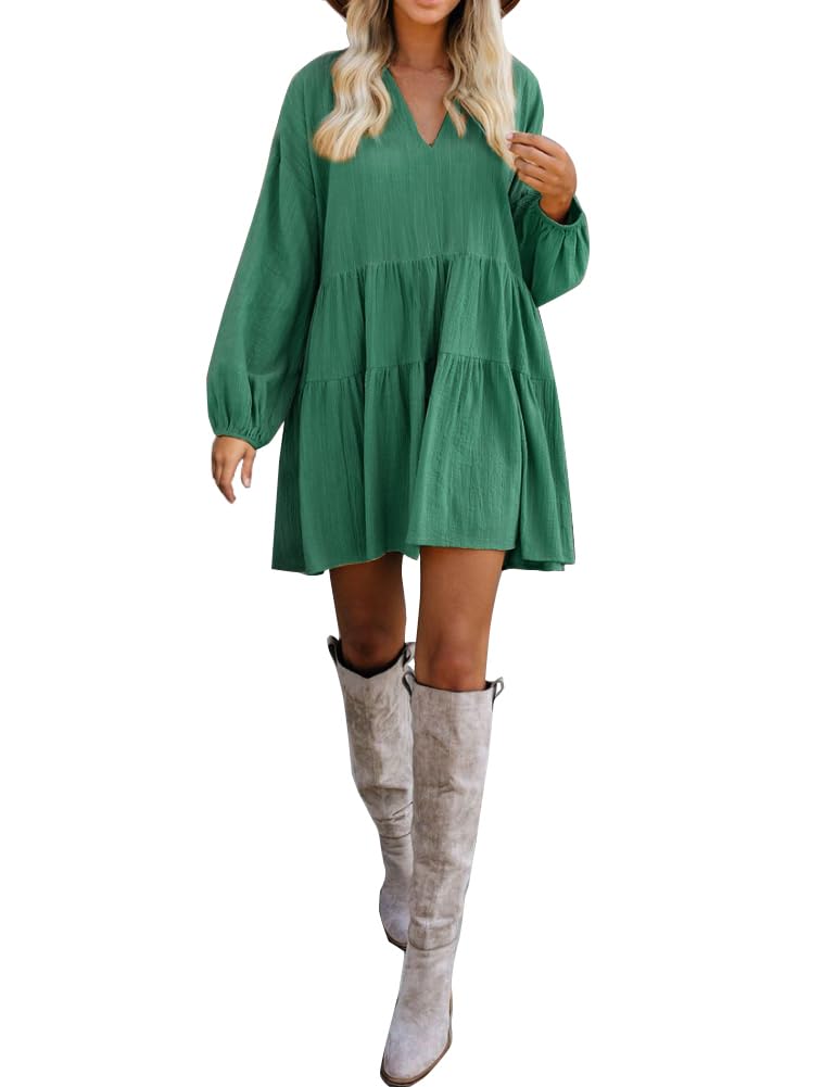 FANCYINN Women Shift Tunic Ruffle Dress Long Lantern Sleeves Babydoll V Neck Swing Mini Dark Green Cocktail St Patricks Day Dress S - Image 3