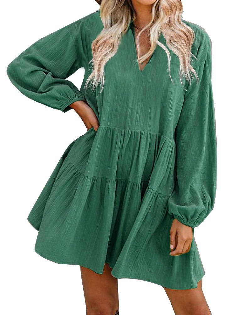 FANCYINN Women Shift Tunic Ruffle Dress Long Lantern Sleeves Babydoll V Neck Swing Mini Dark Green Cocktail St Patricks Day Dress S - Image 1