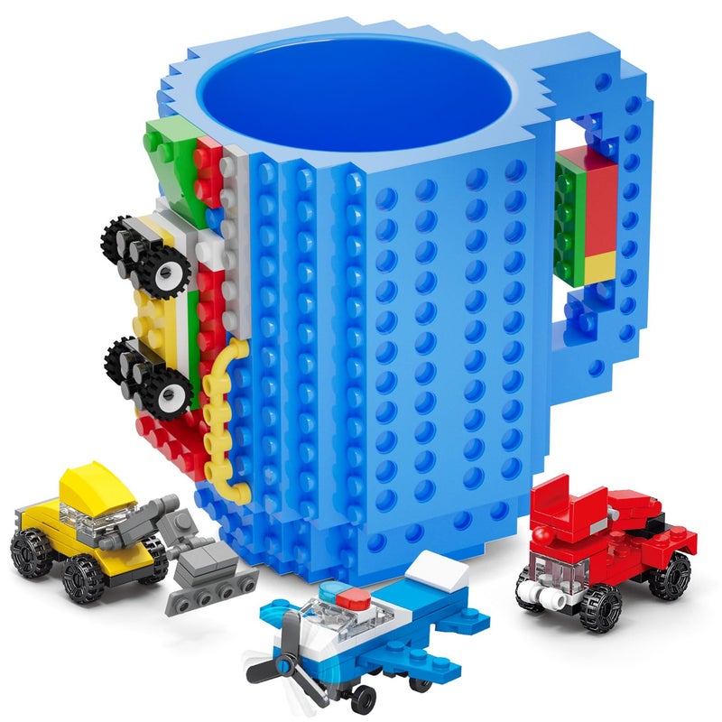 DAYMOO Build-on Brick Mug Set with 3 Random Packs of 2-in-1 Bricks, Cool Coffee Mugs for Kids, Creative Novelty Funny Coffee Mug Cup Gift for Kids Men Dad Adults Women Xmas Christmas - Blue - Image 1