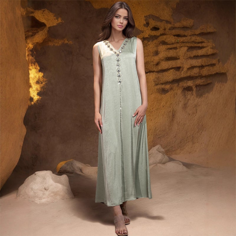 Women's Casual Kaftan Dress with Crystal Embellishment in Light Green - Image 5