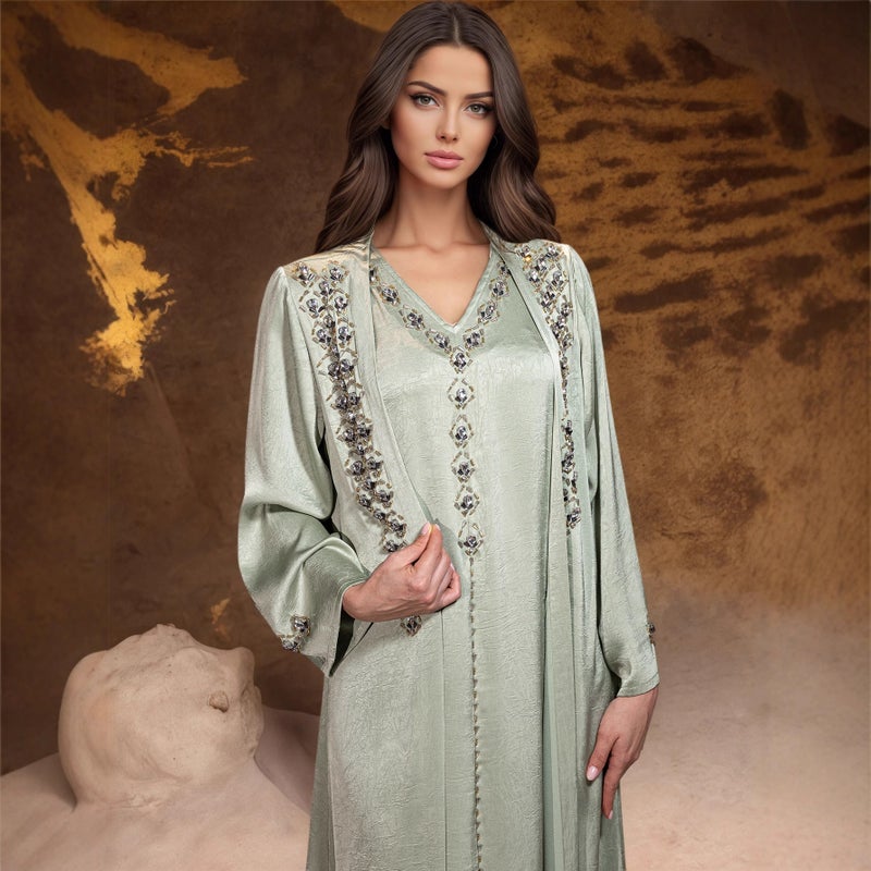 Women's Casual Kaftan Dress with Crystal Embellishment in Light Green - Image 3