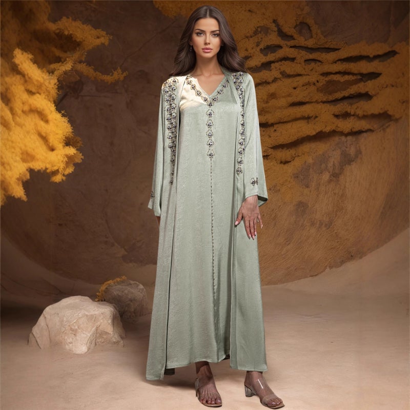 Women's Casual Kaftan Dress with Crystal Embellishment in Light Green - Image 2