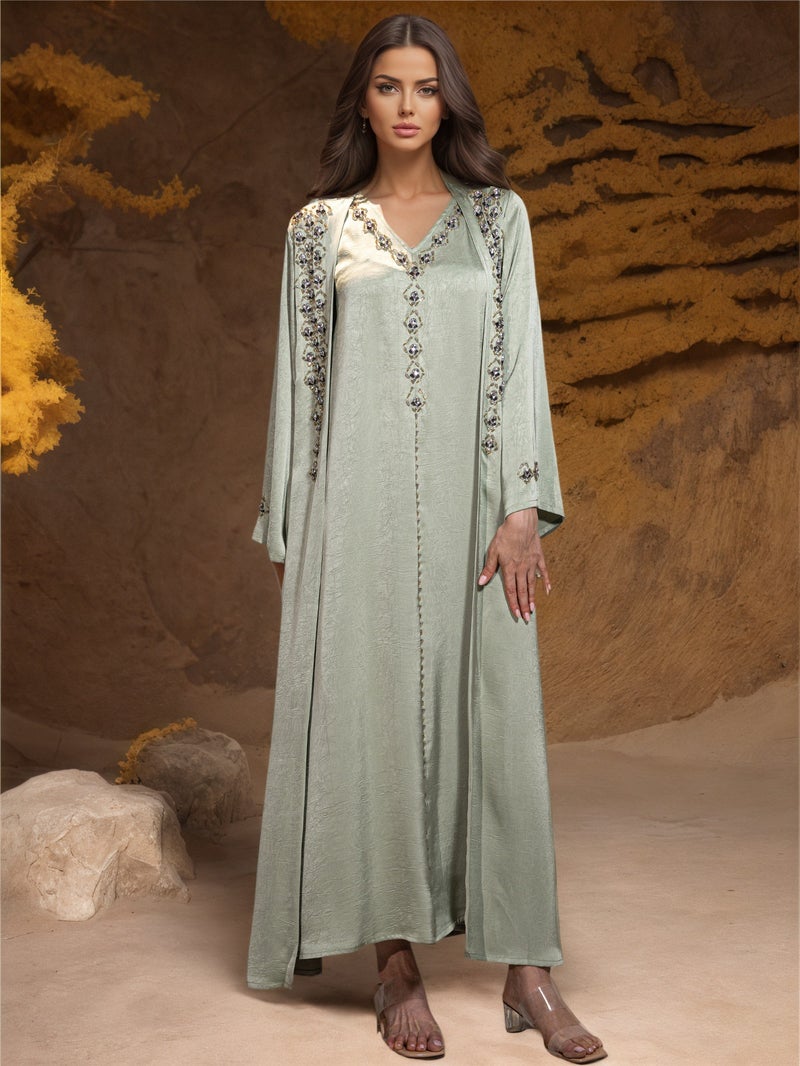 Women's Casual Kaftan Dress with Crystal Embellishment in Light Green - Image 1