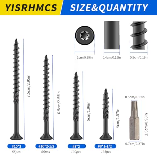YISRHMCS #10 x 3 Inch Deck Screws, 55 PCS, Carbon Steel Black Epoxy Coated Rust Resistant Self Tapping Wood Screws with T25 Star Bit, for Deck, Fence, Patio and Outdoor Furniture - Image 2
