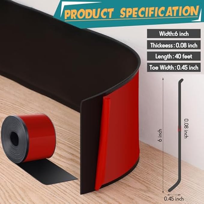 FLEXIBLE VINYL WALL BASE BASEBOARD MOLDING TRIM PEEL AND STICK ADHESIVE BACK SELF ADHESIVE RUBBER VINYL WALL BASE COVE BASE (BLACK,6 INCH X 40 FT) - Image 3