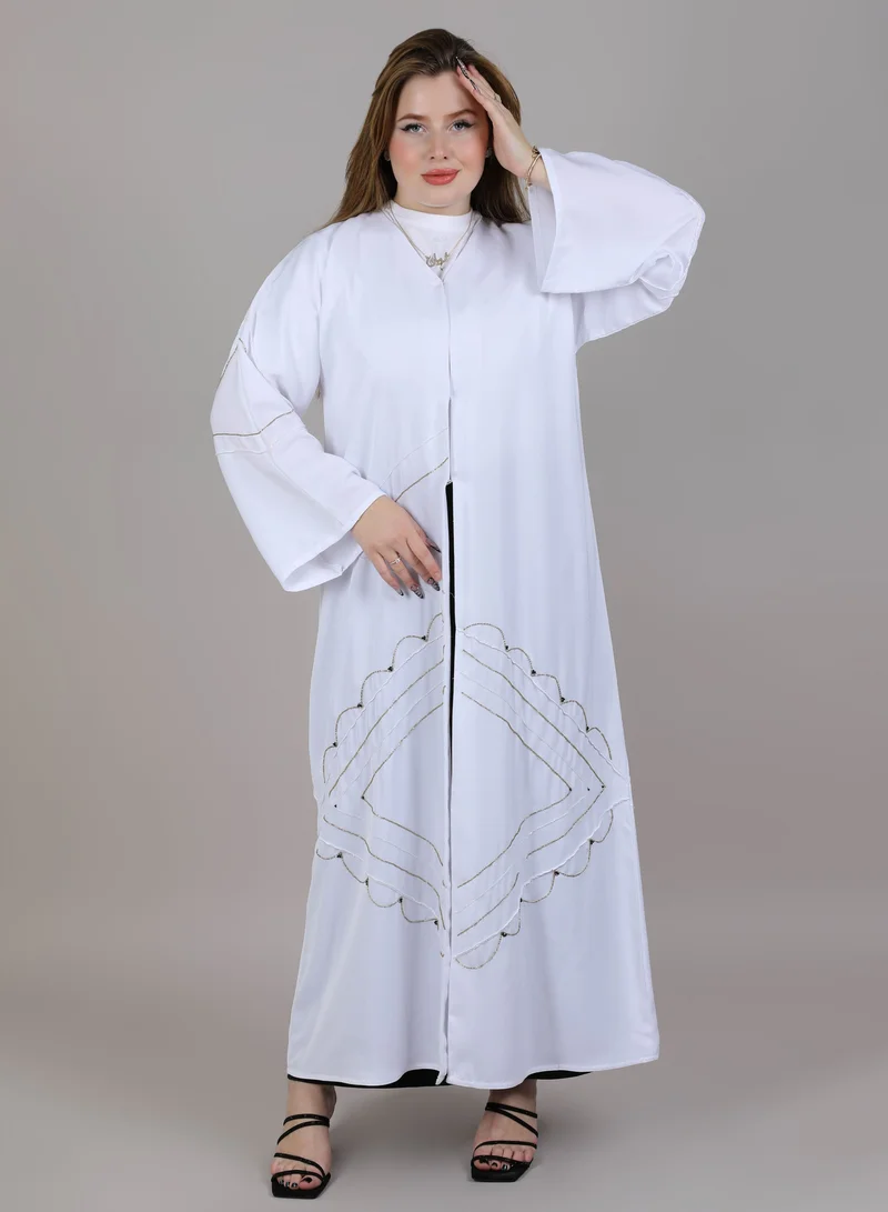 أم سكوير فاشن MSquare Fashion V Neck White Embroidered Open Casual Abaya