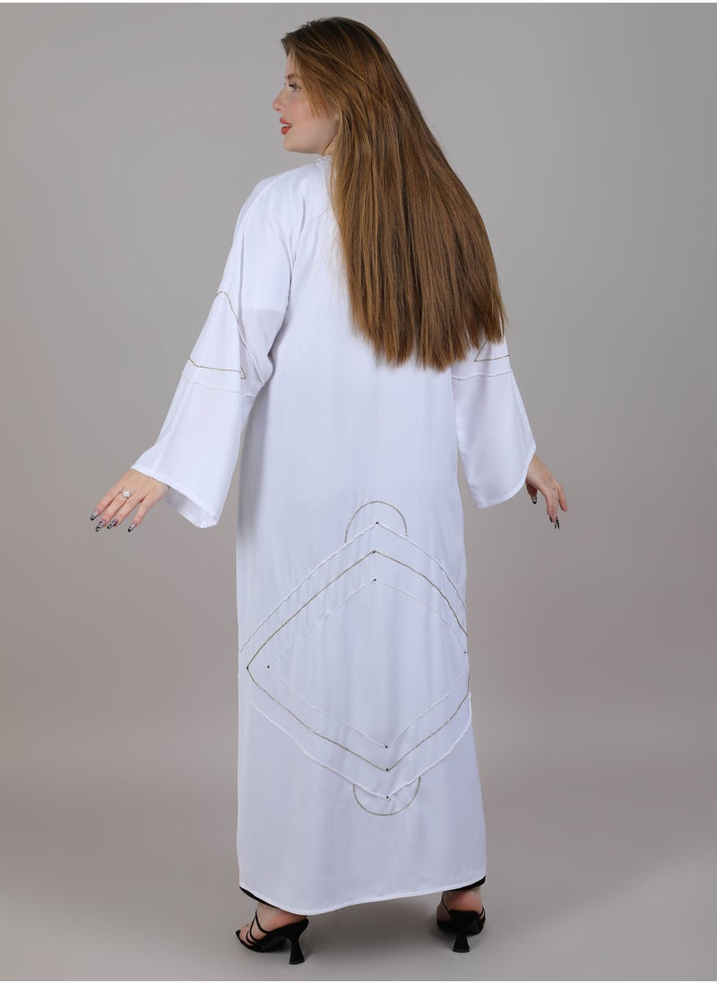 MSquare Fashion - MSquare Fashion V Neck White Embroidered Open Casual Abaya - Image 1