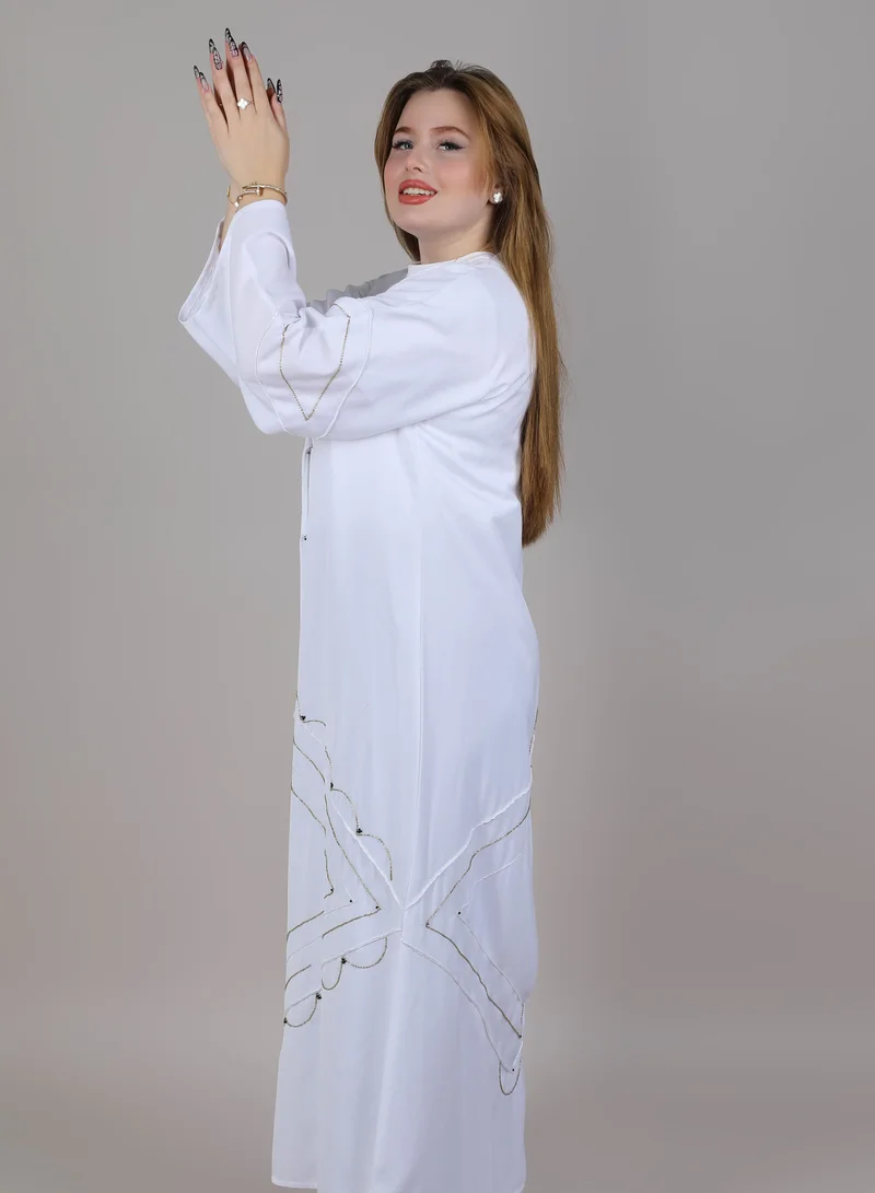 أم سكوير فاشن MSquare Fashion V Neck White Embroidered Open Casual Abaya