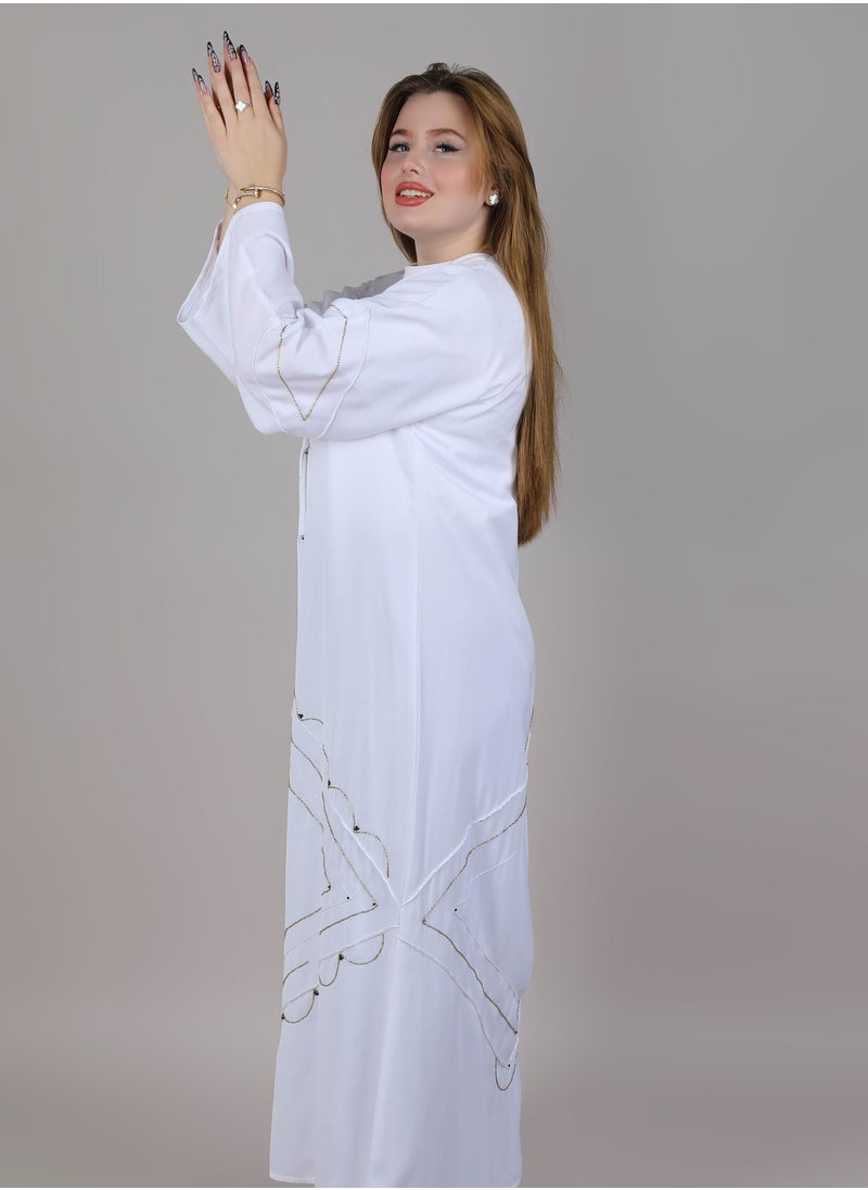MSquare Fashion - MSquare Fashion V Neck White Embroidered Open Casual Abaya - Image 1