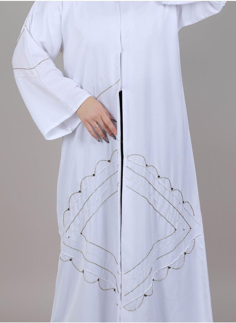 MSquare Fashion - MSquare Fashion V Neck White Embroidered Open Casual Abaya - Image 1