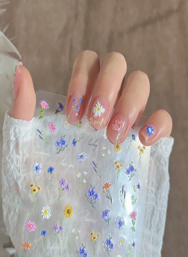 Dedyel Small Daisy Little Wildflowers Nail Stickers 5D Embossed Wildflower Nail Stickers Spring Summer Red Yellow Blue White Flower Design Nail Art Decoration for Women Girls Kids - Image 5