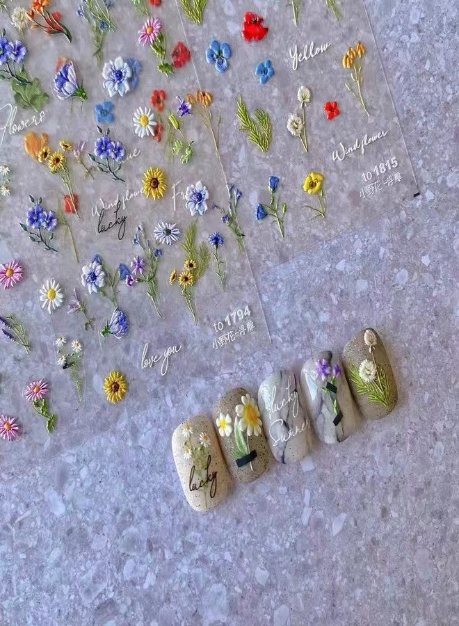 Dedyel Small Daisy Little Wildflowers Nail Stickers 5D Embossed Wildflower Nail Stickers Spring Summer Red Yellow Blue White Flower Design Nail Art Decoration for Women Girls Kids - Image 1