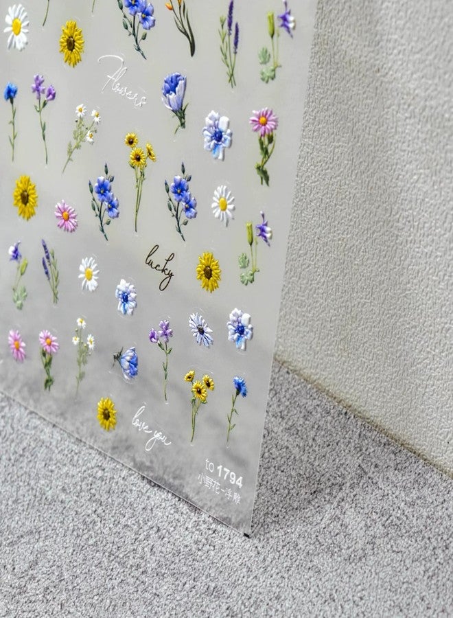 Dedyel Small Daisy Little Wildflowers Nail Stickers 5D Embossed Wildflower Nail Stickers Spring Summer Red Yellow Blue White Flower Design Nail Art Decoration for Women Girls Kids - Image 4