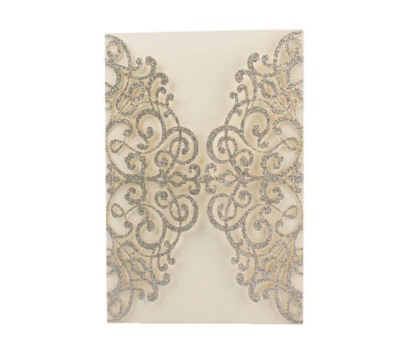 50 قطعة 250GSM بطاقات دعوة زفاف فضية لامعة مقصوصة بالليزر بأغطية جيب فقط بدون ظرف أو إدراج 5x7