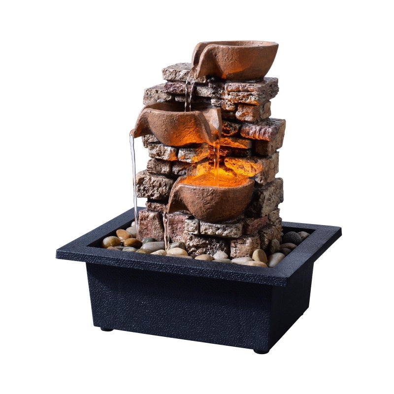 Haobos Indoor Tabletop Fountain 3-Tier Rockery Relaxation, Soothing Sound Home/Office/Bed Room Decor,Gifts for Mom/Grandma Relaxing Waterfall Meditation Tabletop Fountain LED Lights - Image 1