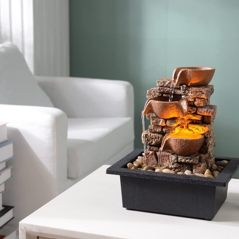 Haobos Indoor Tabletop Fountain 3-Tier Rockery Relaxation, Soothing Sound Home/Office/Bed Room Decor,Gifts for Mom/Grandma Relaxing Waterfall Meditation Tabletop Fountain LED Lights - Image 4