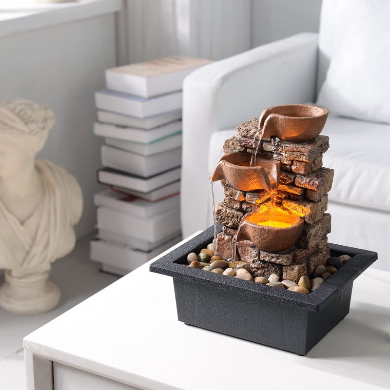 Haobos Indoor Tabletop Fountain 3-Tier Rockery Relaxation, Soothing Sound Home/Office/Bed Room Decor,Gifts for Mom/Grandma Relaxing Waterfall Meditation Tabletop Fountain LED Lights - Image 5