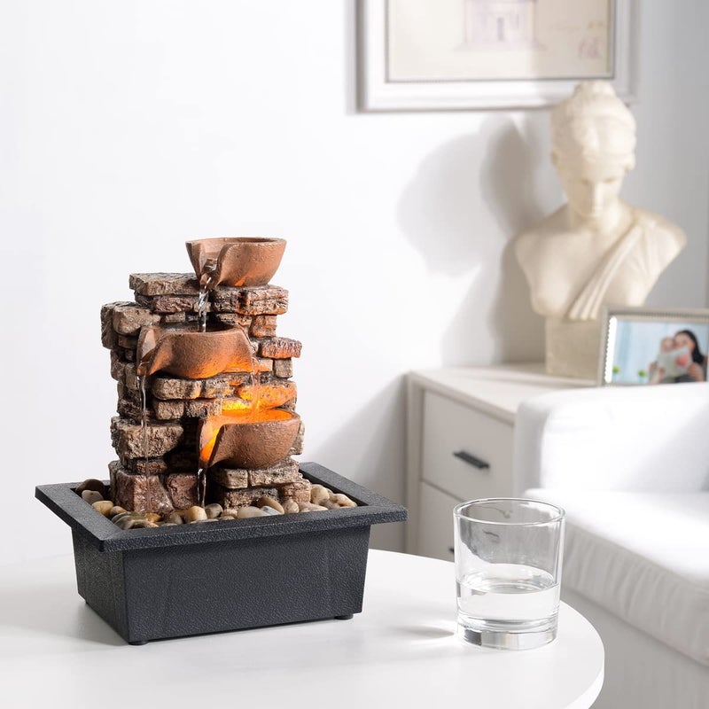 Haobos Indoor Tabletop Fountain 3-Tier Rockery Relaxation, Soothing Sound Home/Office/Bed Room Decor,Gifts for Mom/Grandma Relaxing Waterfall Meditation Tabletop Fountain LED Lights - Image 3