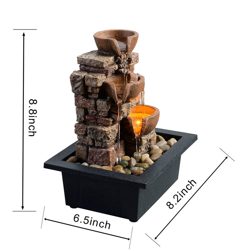 Haobos Indoor Tabletop Fountain 3-Tier Rockery Relaxation, Soothing Sound Home/Office/Bed Room Decor,Gifts for Mom/Grandma Relaxing Waterfall Meditation Tabletop Fountain LED Lights - Image 2