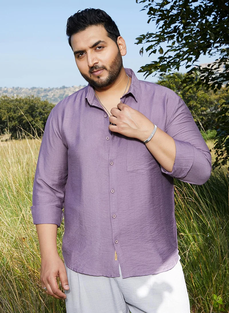 Instafab Plus Men's Grape Purple Breezy Wrinked Relaxed Shirt For Casual Wear | Spread Collar | Long Cuffed Sleeves | Button Closure | Plus Size Shirt Crafted With Comfort Fit For Everyday Wear