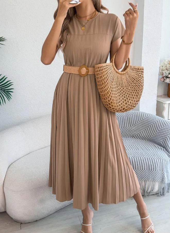 تايك تو Beige Pleated A-Line Midi Dress