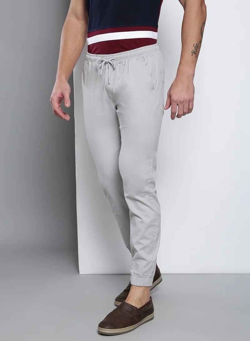 Dennis Lingo Men's Regular Fit Light Grey Cotton Trousers - Mid-Rise, Full Length, Button & Zip Closure,