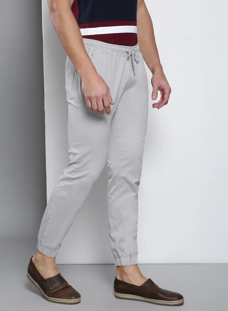 Dennis Lingo Men's Regular Fit Light Grey Cotton Trousers - Mid-Rise, Full Length, Button & Zip Closure,