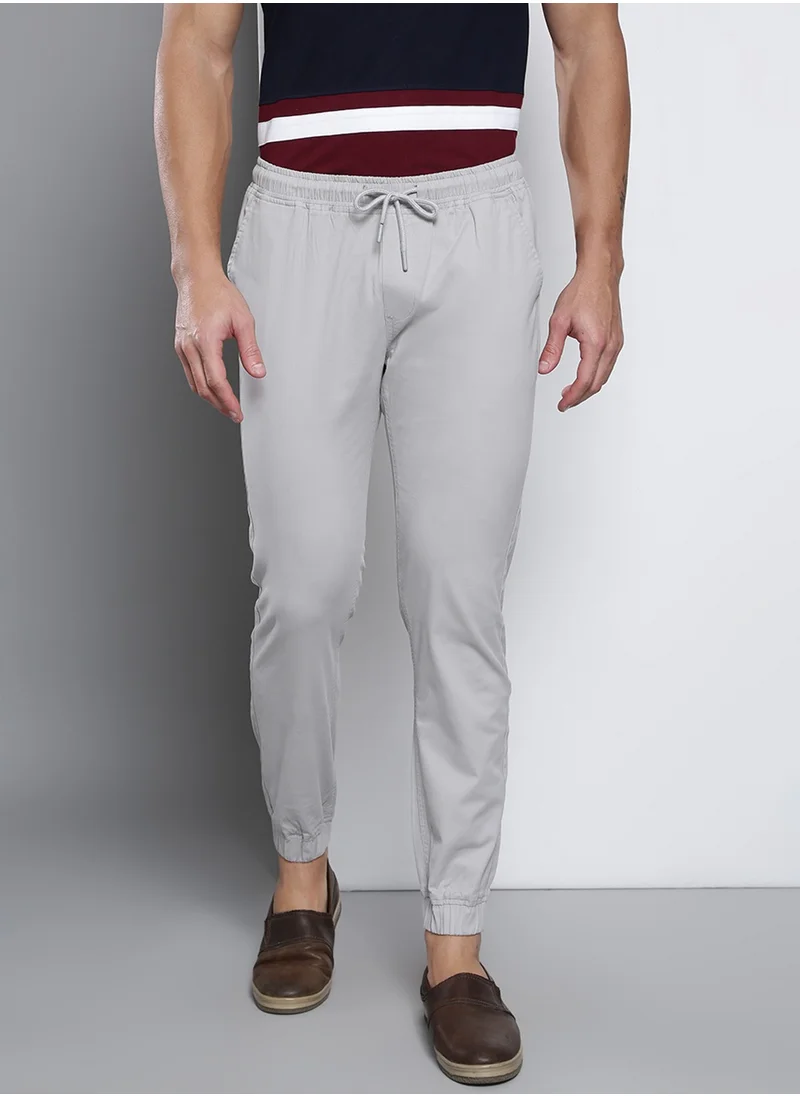 Dennis Lingo Men's Regular Fit Light Grey Cotton Trousers - Mid-Rise, Full Length, Button & Zip Closure