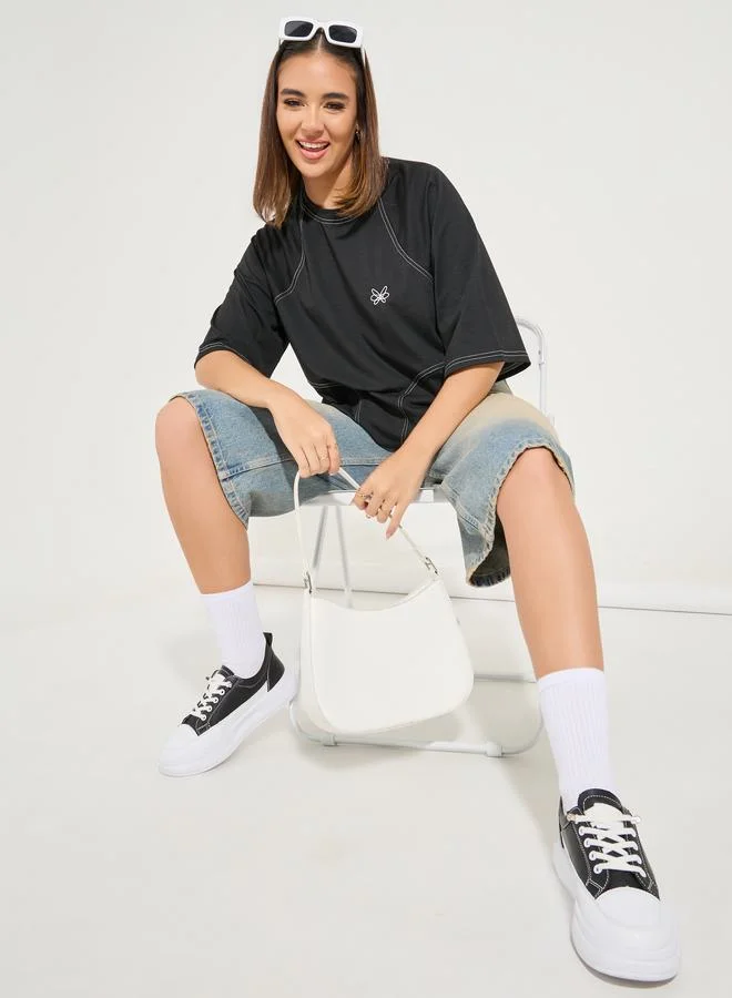 Styli Oversized Plain Short Sleeve T-Shirt with Logo Detail